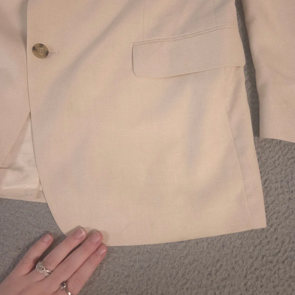 Stafford Blazer Mens 46R Cream Linen Blend Two Button Sport Coat Pocket Square